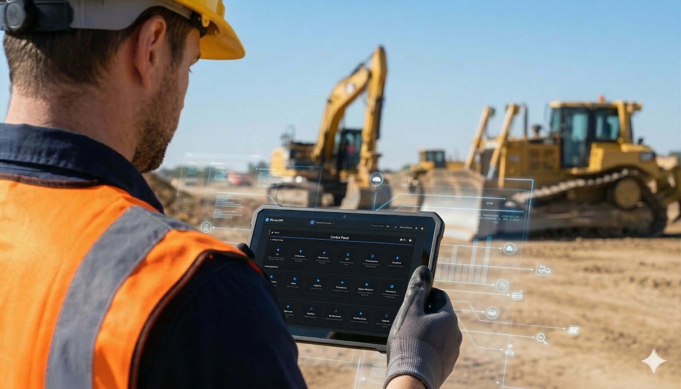 Operador de obra usando la aplicación móvil de BitCorp en campo