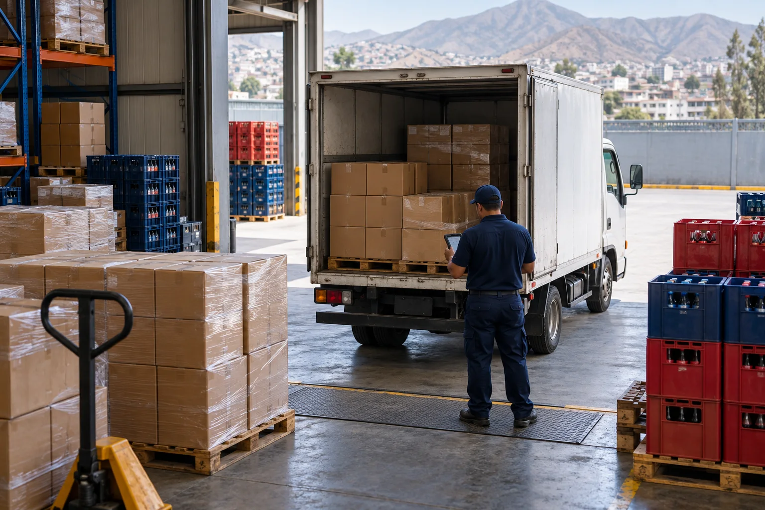 Ilustración fotográfica de un almacén de distribución con mercadería y un camión de reparto