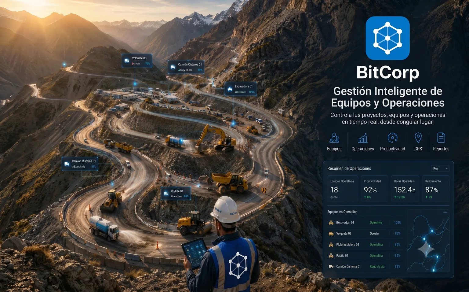 Operador de obra usando la aplicación móvil de BitCorp en campo