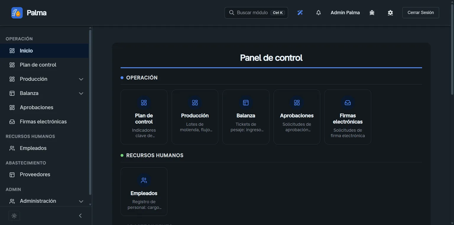 Panel de control de Palma con OER y lote de producción abierto